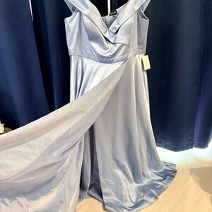 Xscape Women's Satin Off Shoulder Dress in Light Blue